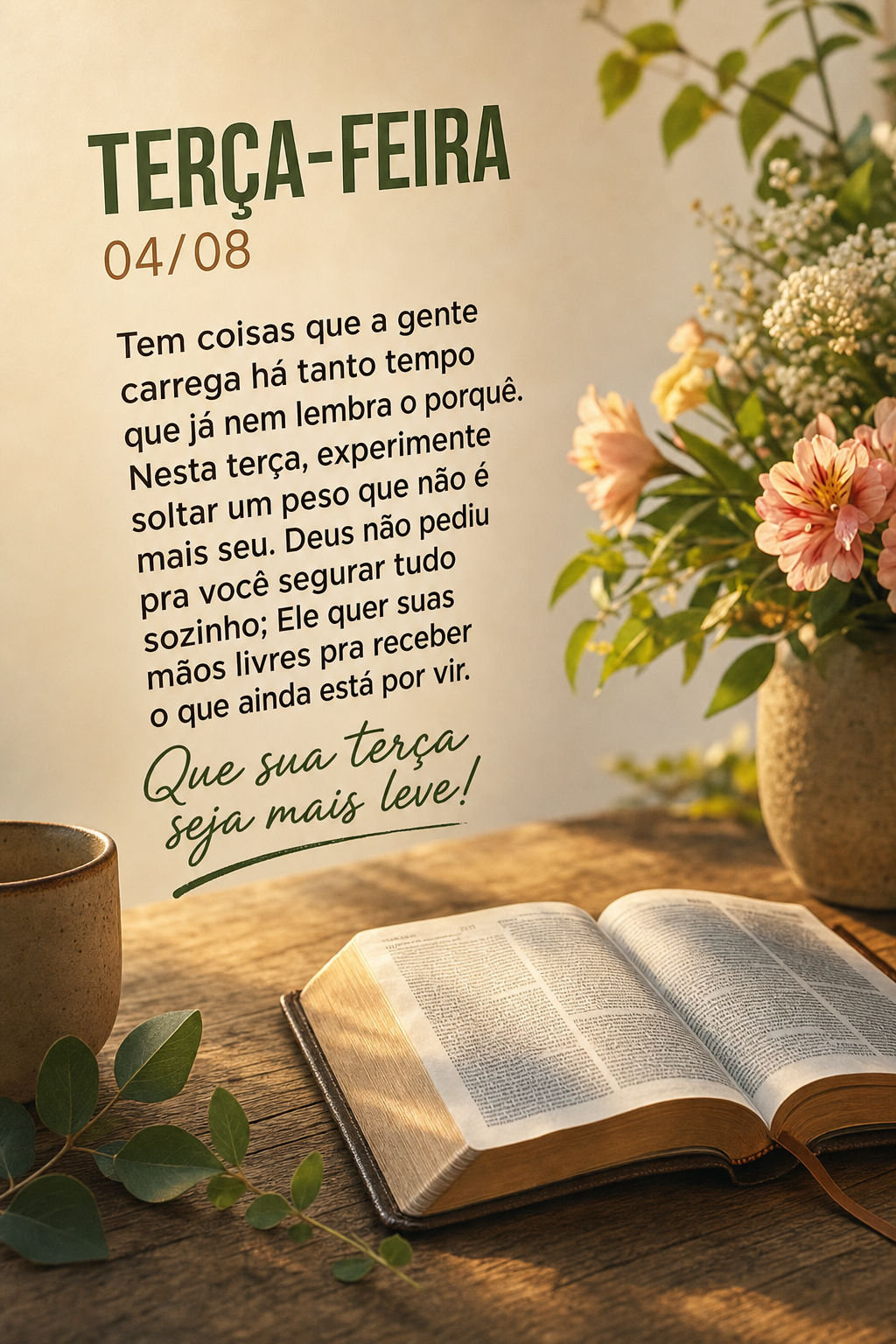 Tem coisas que a gente carrega há tanto tempo que já nem lembra o porquê. Nesta terça, experimente soltar um peso que não é mais seu. Deus não ped...