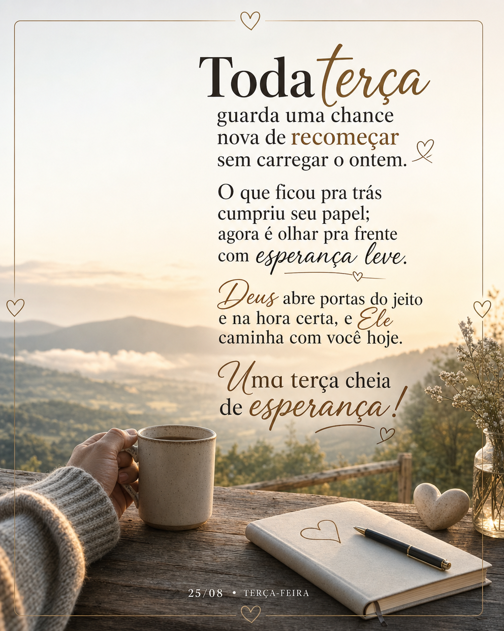 Toda terça guarda uma chance nova de recomeçar sem carregar o ontem. O que ficou pra trás cumpriu seu papel; agora é olhar pra frente com esperança ...