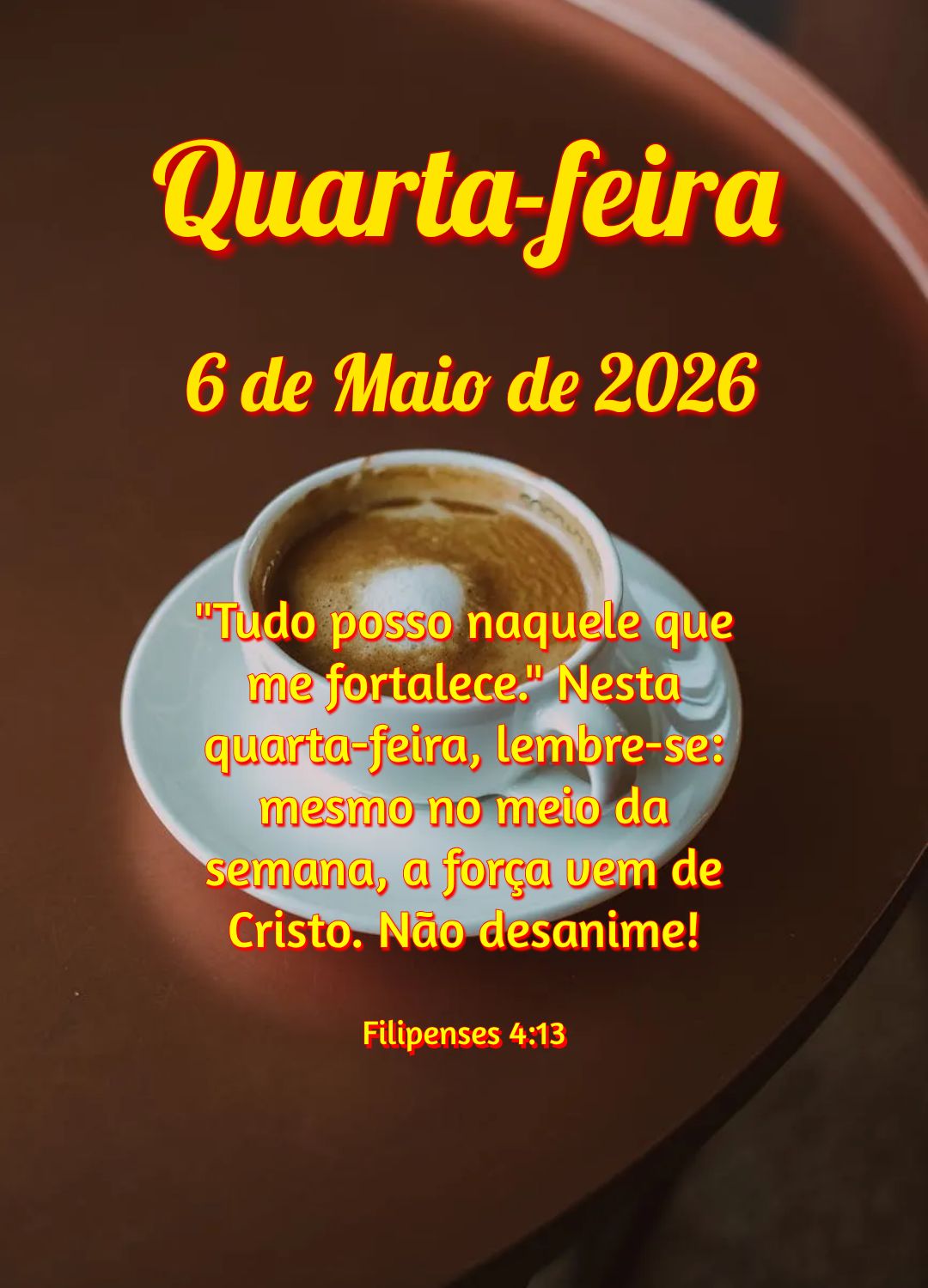 "Tudo posso naquele que me fortalece." Nesta quarta-feira, lembre-se: mesmo no meio da semana, a força vem de Cristo. Não desanime! Filipenses 4:13