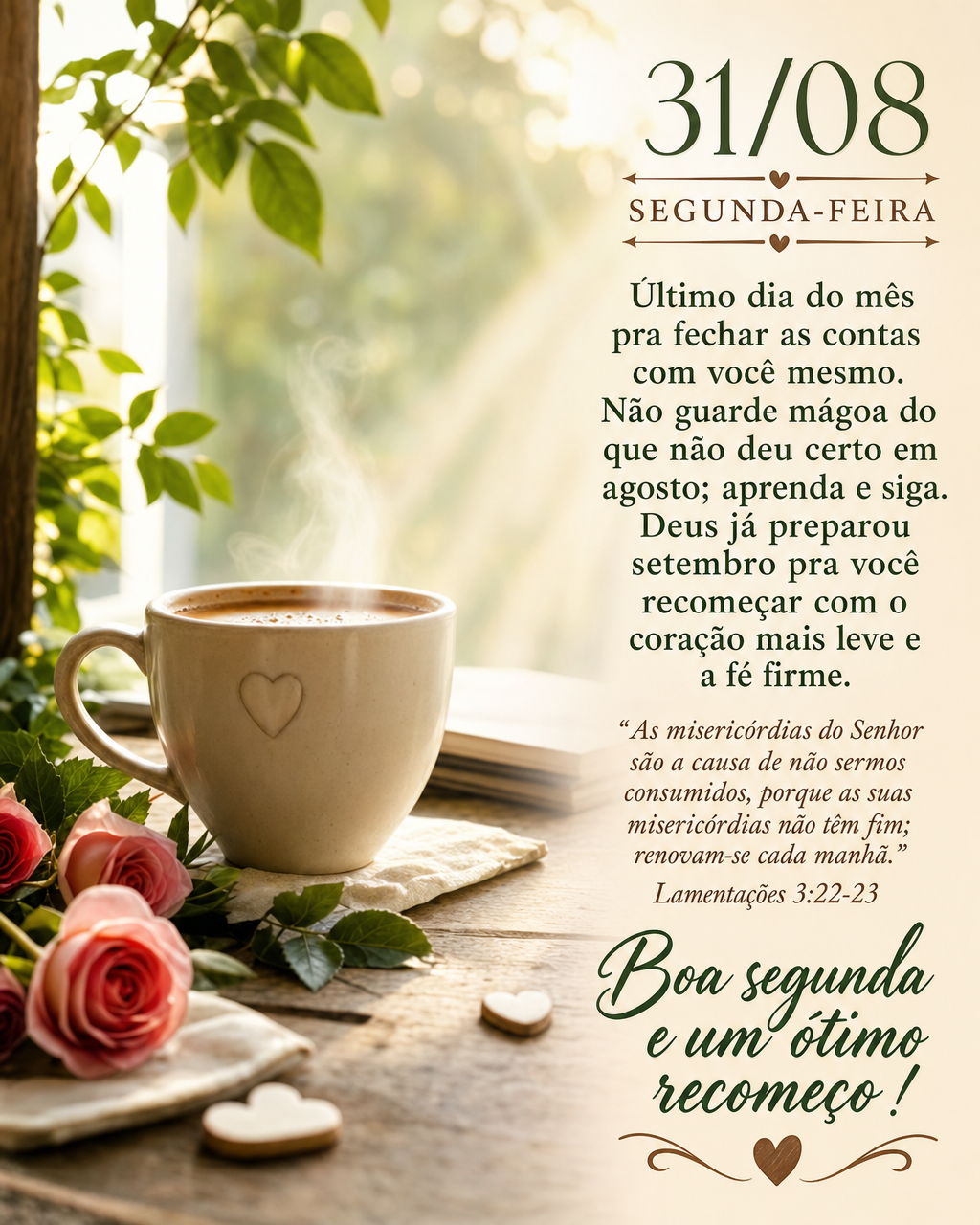 Último dia do mês pra fechar as contas com você mesmo. Não guarde mágoa do que não deu certo em agosto; aprenda e siga. Deus já preparou setembro ...