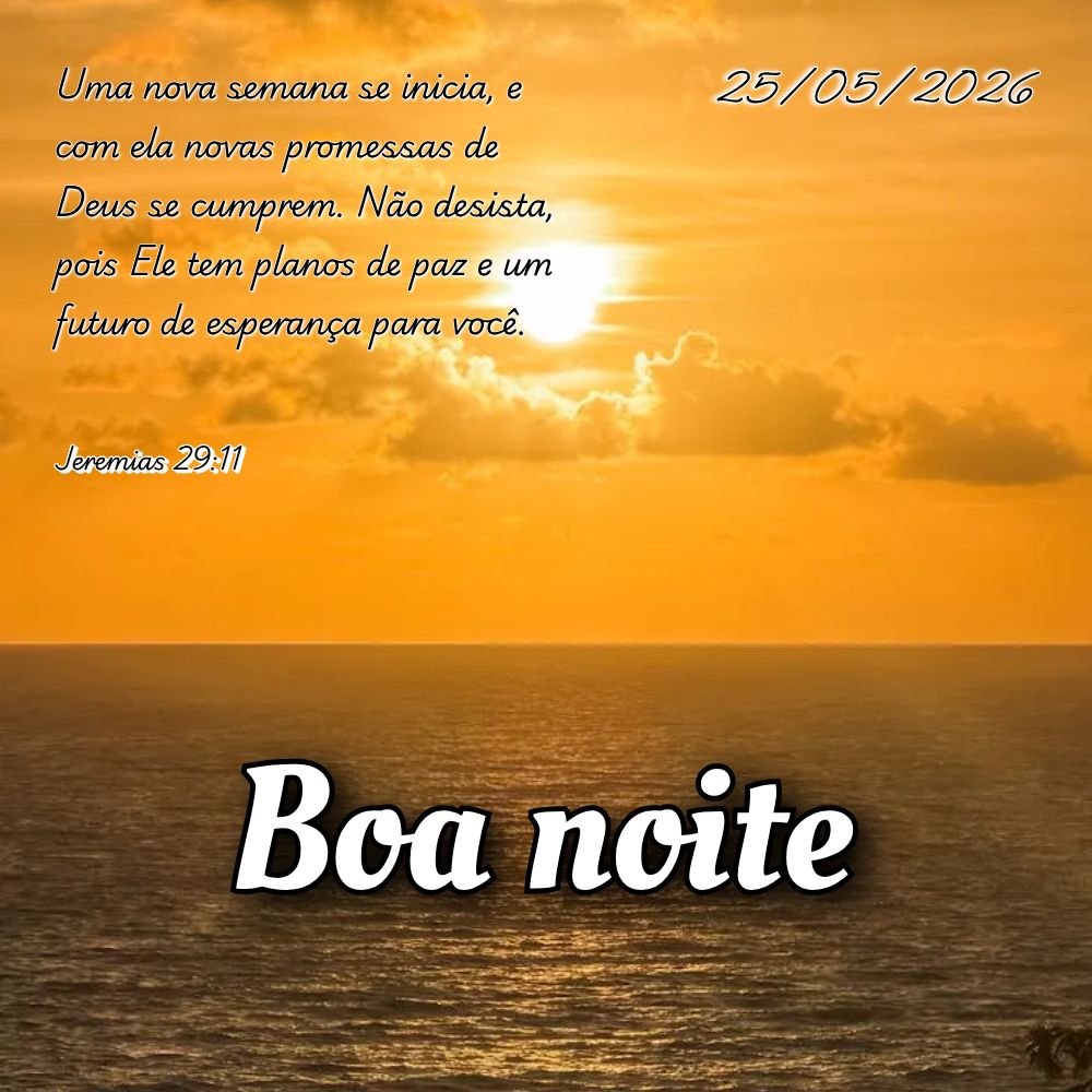 Uma nova semana se inicia, e com ela novas promessas de Deus se cumprem. Não desista, pois Ele tem planos de paz e um futuro de esperança para você. J...