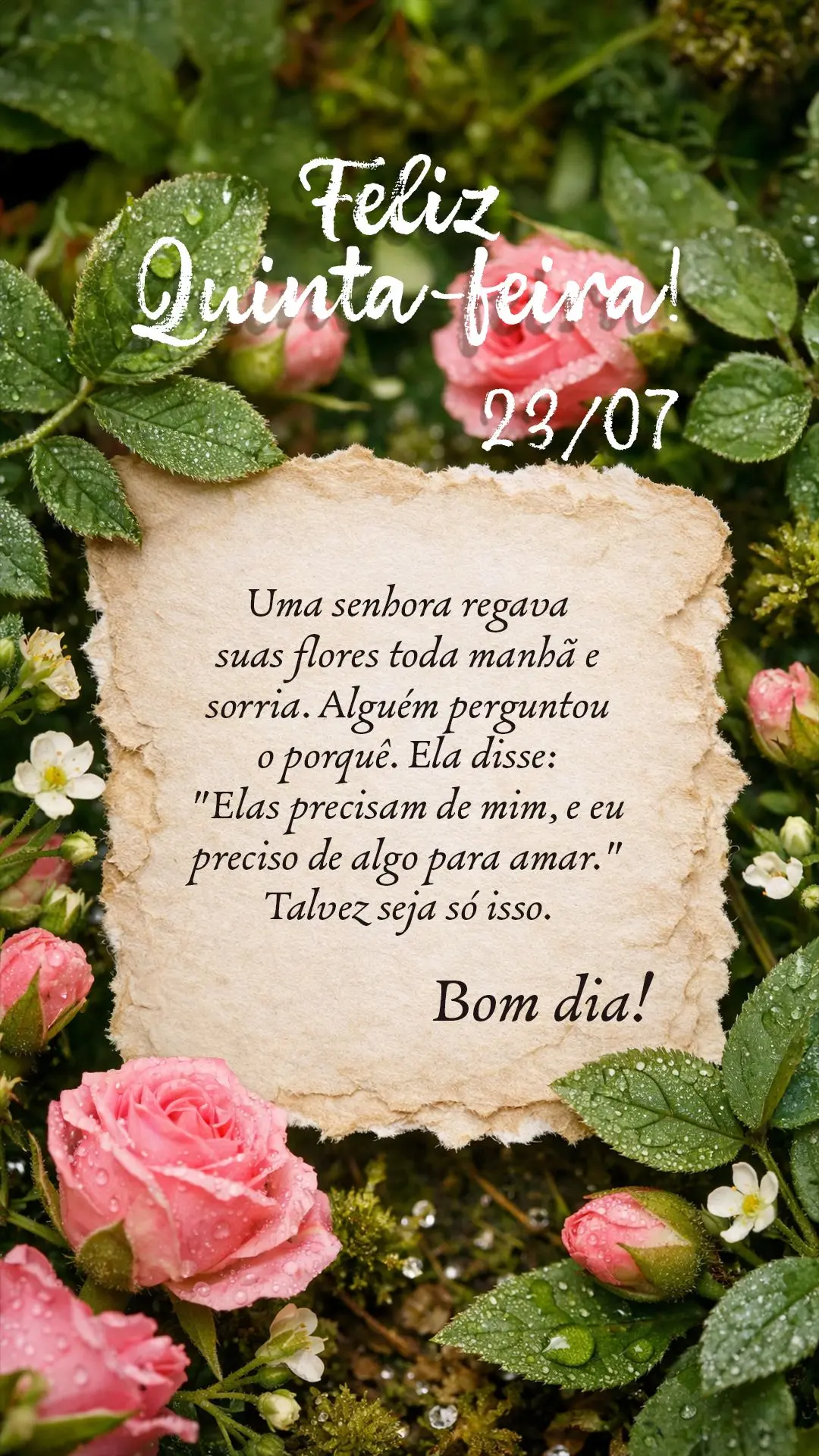 Uma senhora regava suas flores toda manhã e sorria. Alguém perguntou o porquê. Ela disse: "Elas precisam de mim, e eu preciso de algo para amar." Talv...