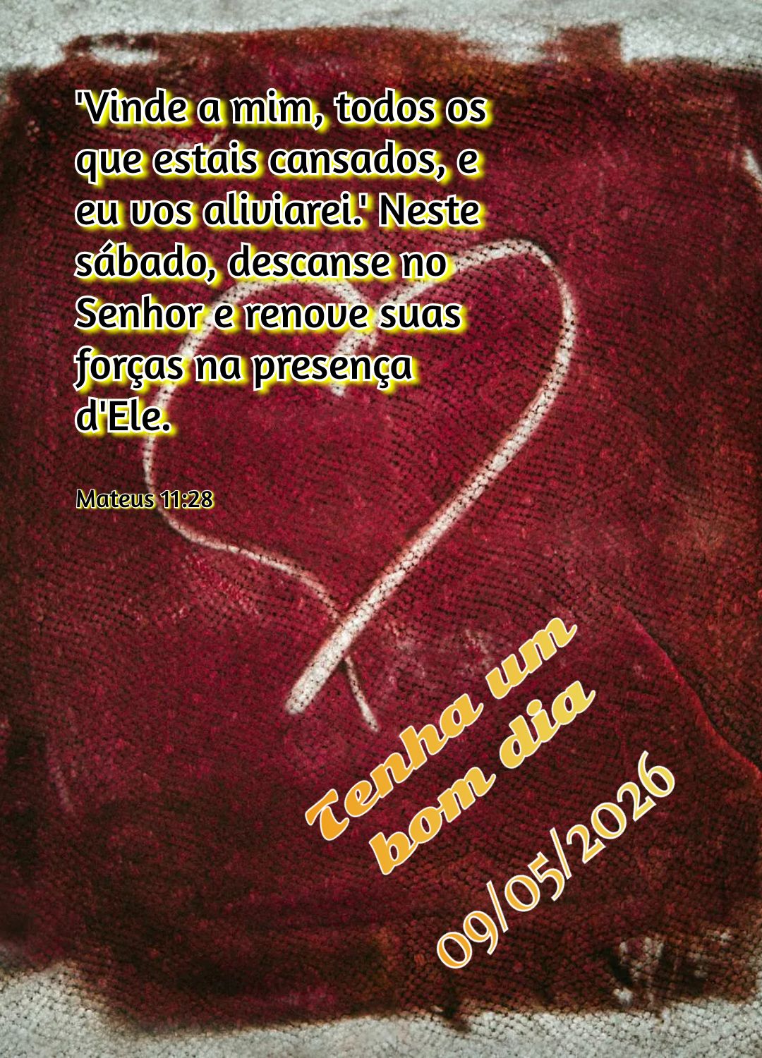 'Vinde a mim, todos os que estais cansados, e eu vos aliviarei.' Neste sábado, descanse no Senhor e renove suas forças na presença d'Ele. Tenha um bom...