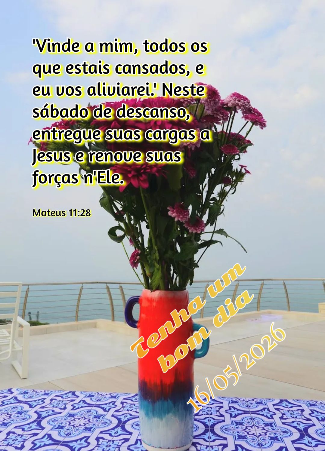 'Vinde a mim, todos os que estais cansados, e eu vos aliviarei.' Neste sábado de descanso, entregue suas cargas a Jesus e renove suas forças n'Ele. Ten...