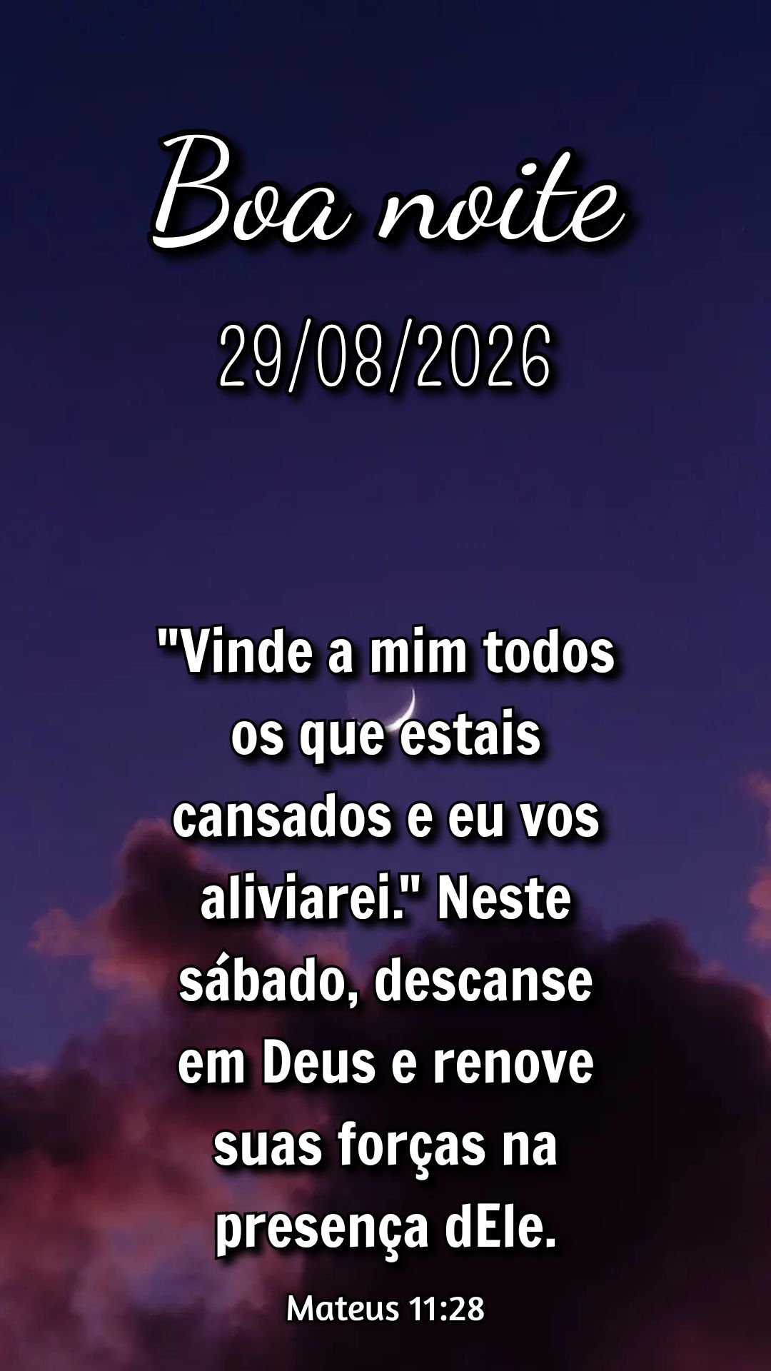 "Vinde a mim todos os que estais cansados e eu vos aliviarei." Neste sábado, descanse em Deus e renove suas forças na presença dEle. Mateus 11:28