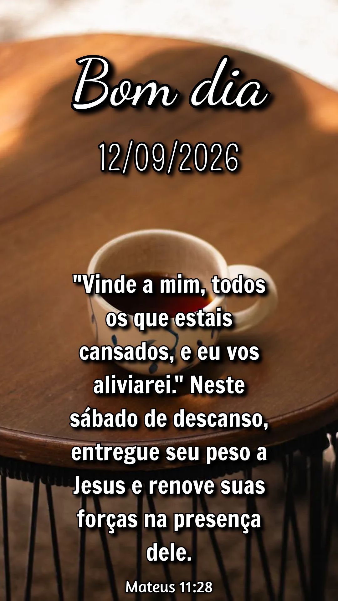 "Vinde a mim, todos os que estais cansados, e eu vos aliviarei." Neste sábado de descanso, entregue seu peso a Jesus e renove suas forças na presença ...