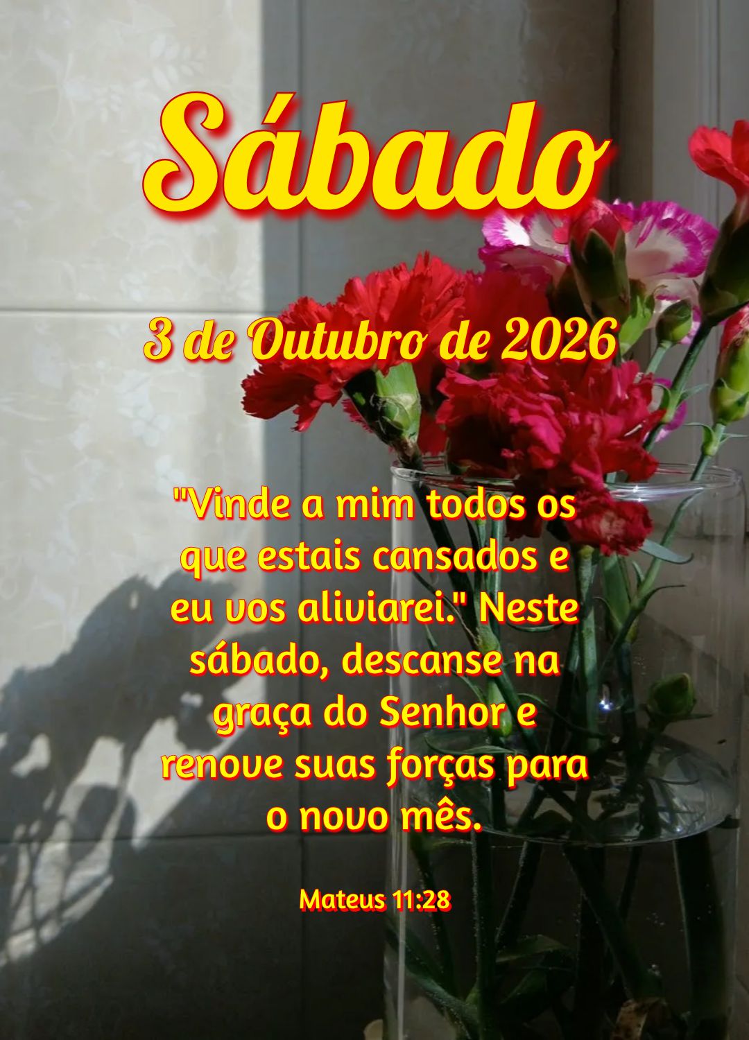 "Vinde a mim todos os que estais cansados e eu vos aliviarei." Neste sábado, descanse na graça do Senhor e renove suas forças para o novo mês. Mateus...