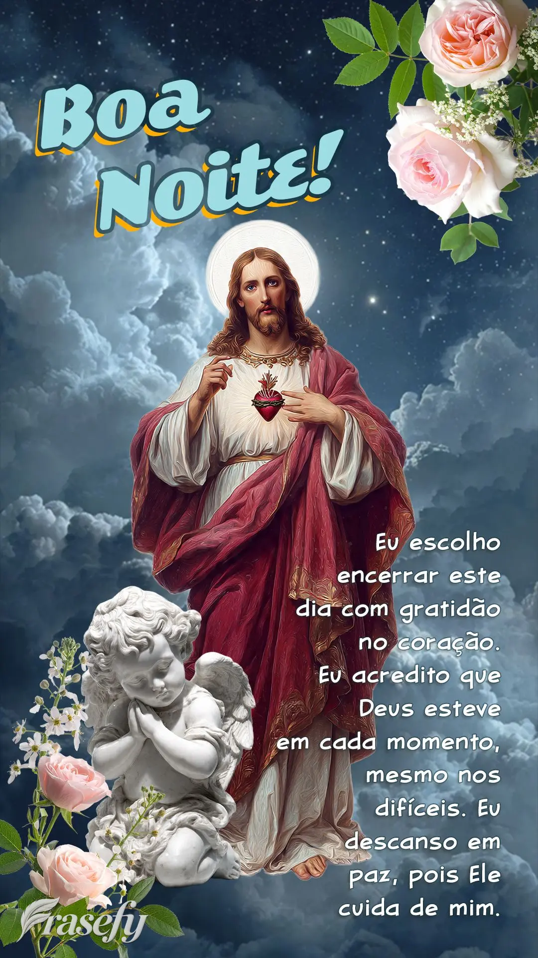 Eu escolho encerrar este dia com gratidão no coração. Eu acredito que Deus esteve em cada momento, mesmo nos difíceis. Boa noite. Eu descanso em paz,...