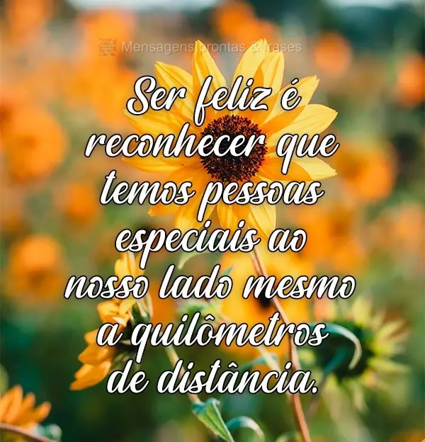 Ser feliz é reconhecer que temos pessoas especiais ao nosso lado mesmo a quilômetros de distância.
