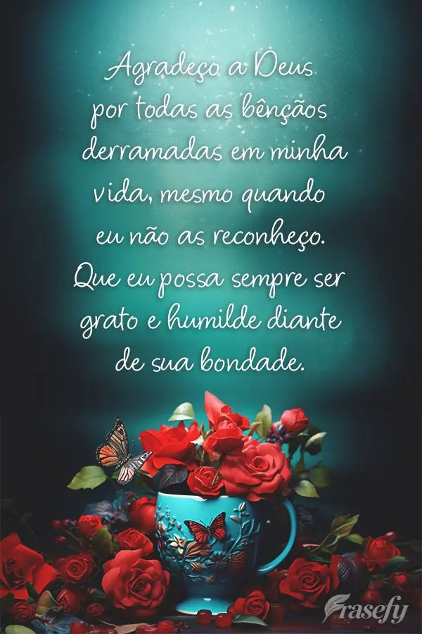 Agradeço a Deus por todas as bênçãos derramadas em minha vida, mesmo quando eu não as reconheço. Que eu possa sempre ser grato e humilde diante de ...