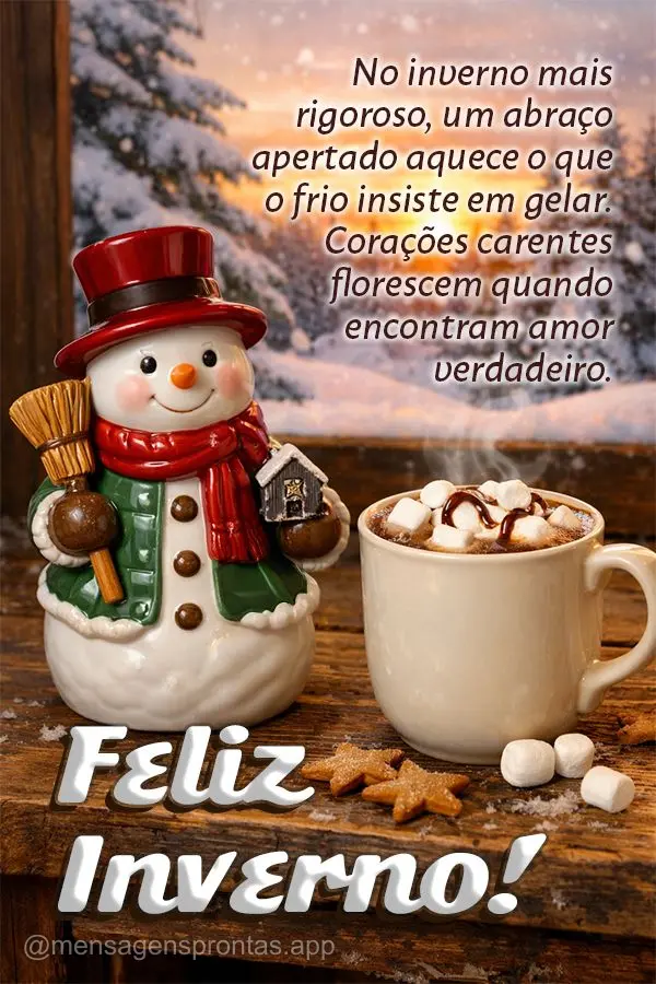 No inverno mais rigoroso, um abraço 
apertado aquece o que o frio insiste em gelar. Corações carentes florescem quando encontram amor verdadeiro. Fel...