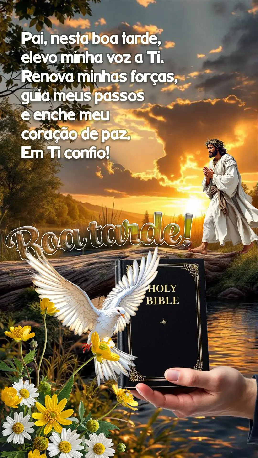 Pai, nesta boa tarde, elevo minha voz a Ti. Renova minhas forças, guia meus passos e enche meu coração de paz. Em Ti confio! 🙏✨