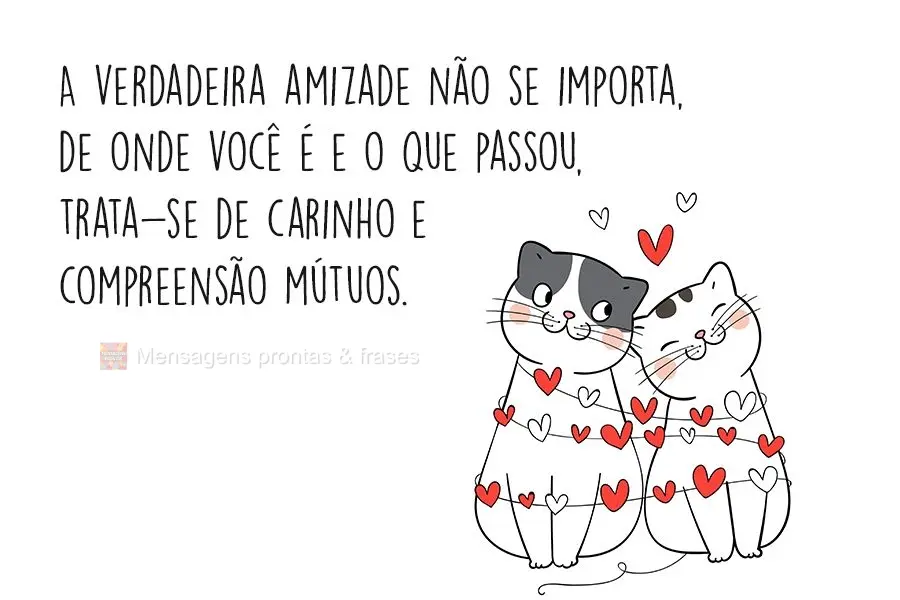 Para a verdadeira amizade não importa de onde você é e o que passou , trata-se de carinho e compreensão mútuos.
