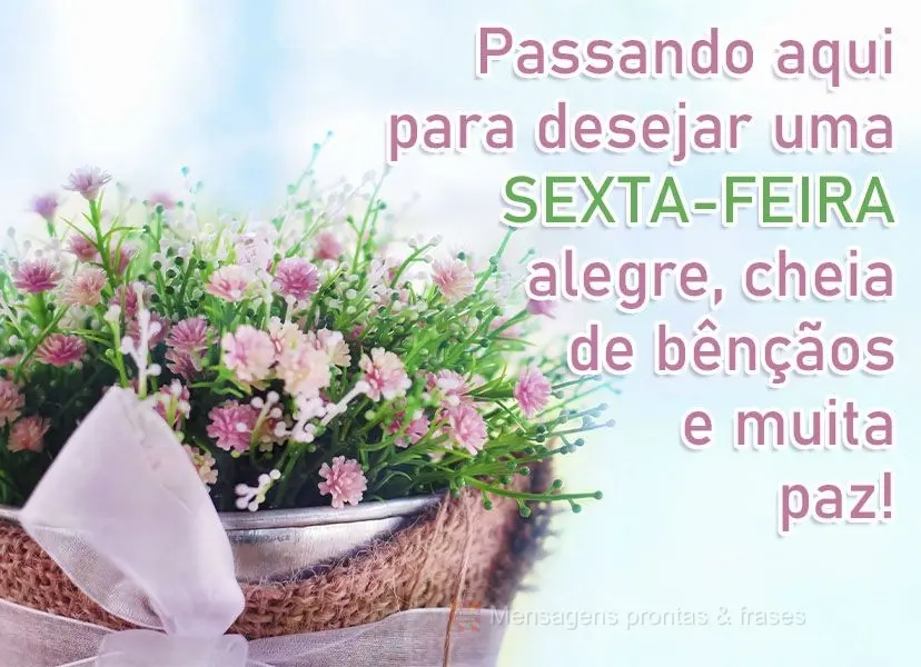 Passando aqui para desejar uma sexta-feira alegre, cheia de bênçãos e muita paz!
