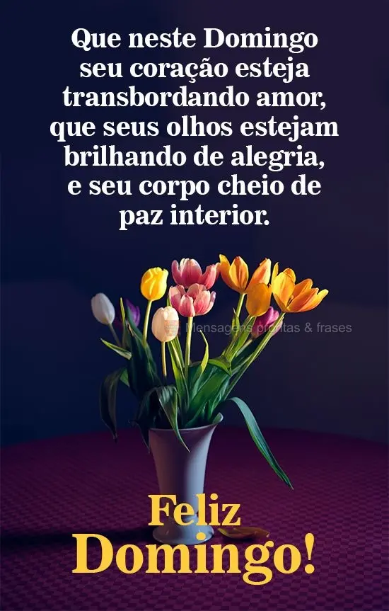 Que neste Domingo seu coração esteja transbordando amor, que seus olhos estejam brilhando de alegria, e seu corpo cheio de paz interior. 
 Feliz Domin...