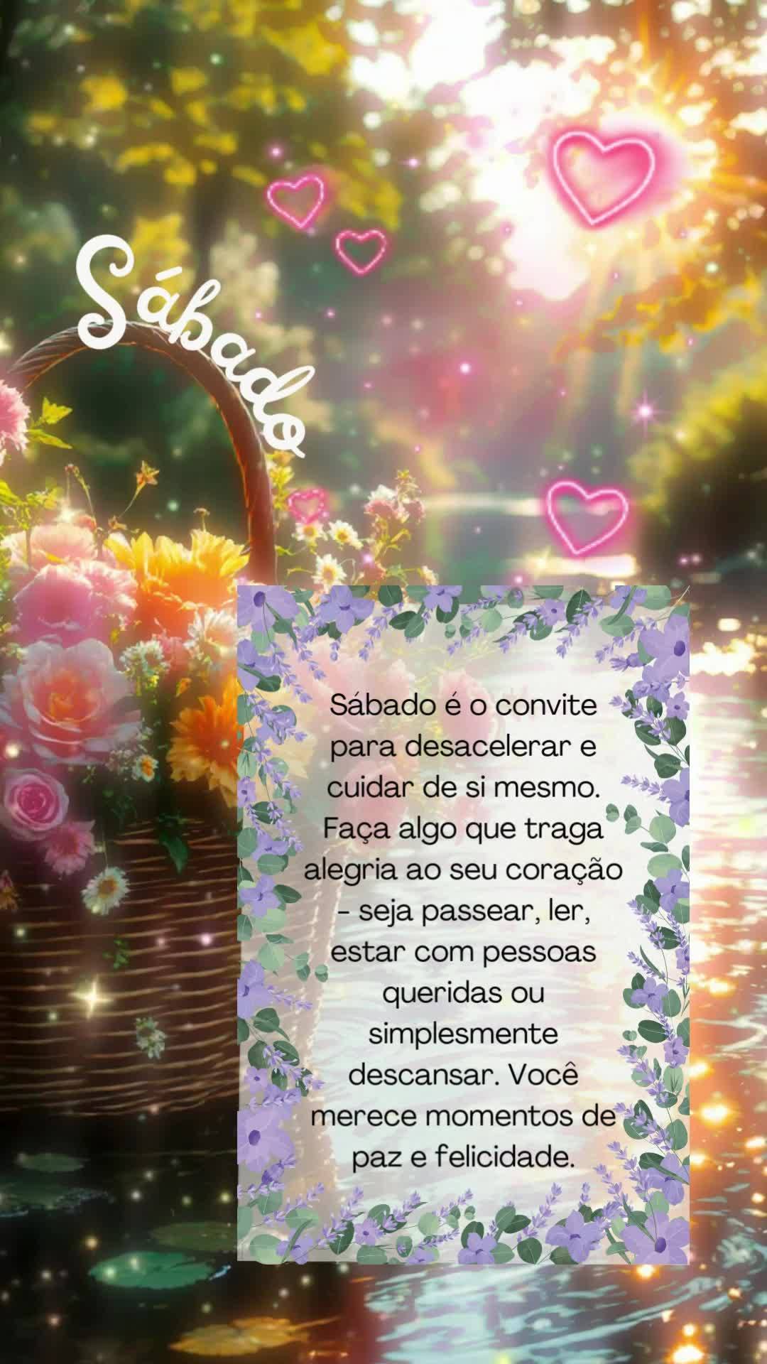 Sábado é o convite para desacelerar e cuidar de si mesmo. Faça algo que traga alegria ao seu coração - seja passear, ler, estar com pessoas queridas...