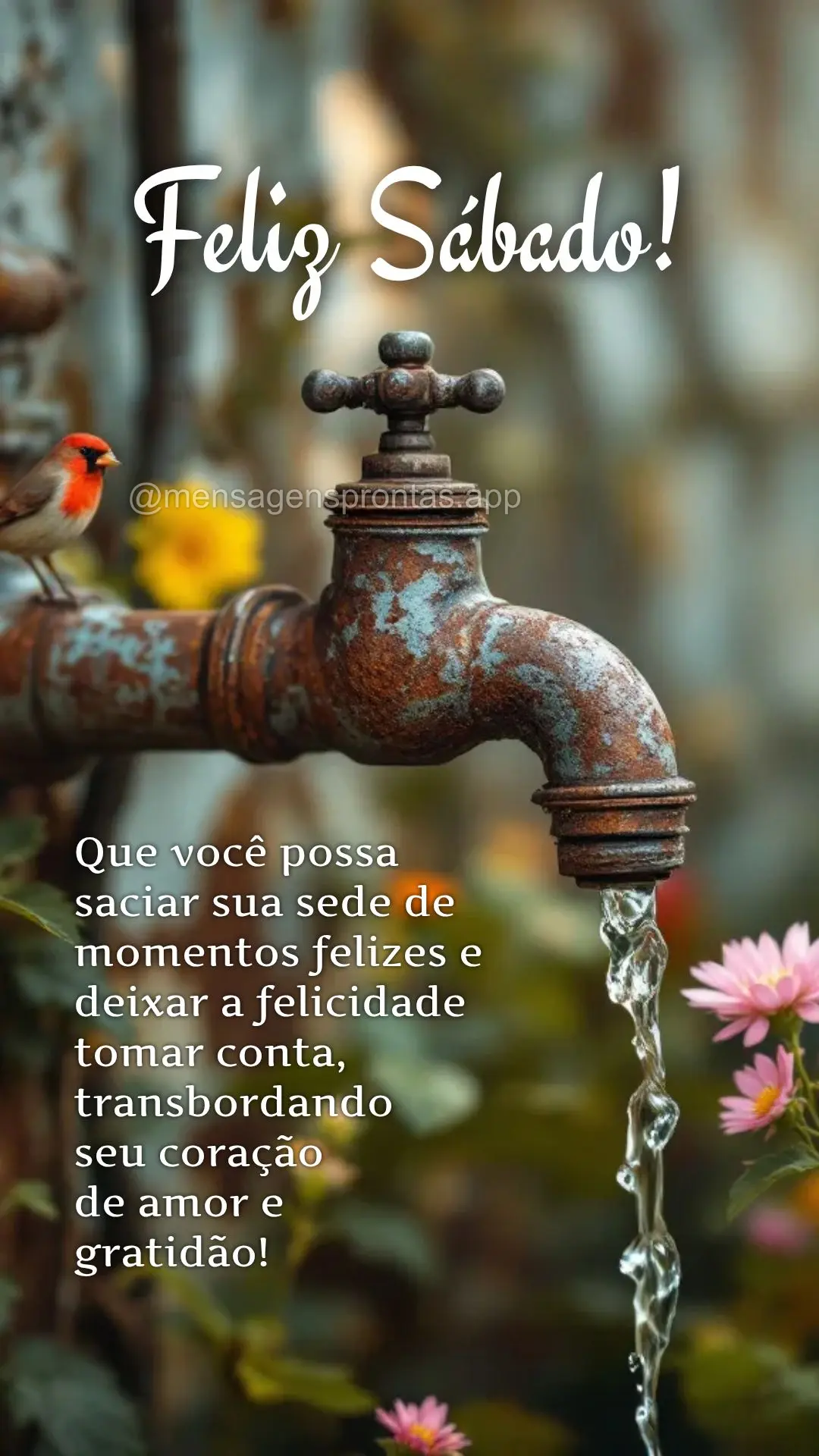 Que você possa saciar sua sede de momentos felizes e deixar a felicidade tomar conta, transbordando 
seu coração 
de amor e gratidão! Feliz Sábado...