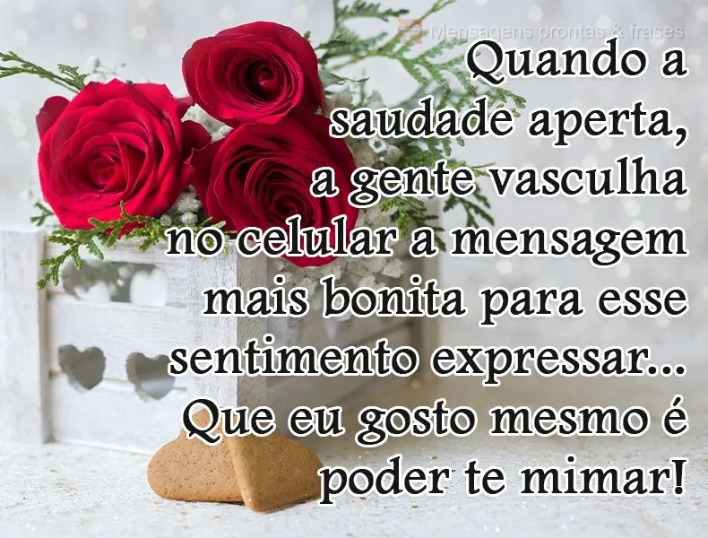 Quando a saudade aperta, a gente vasculha no celular a mensagem mais bonita para esse sentimento expressar...Eu gosto mesmo é de poder te mimar!
