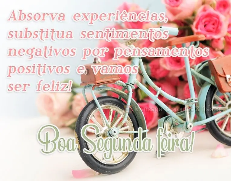 Absorva experiências, substitua sentimentos negativos por pensamentos positivos e vamos ser feliz! 
 Boa Segunda-feira!