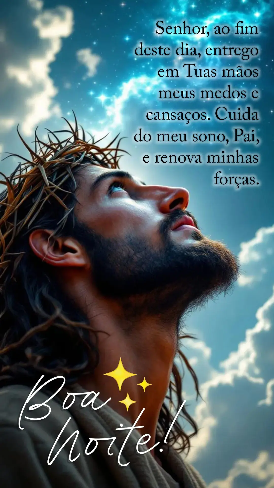Senhor, ao fim deste dia, entrego em Tuas mãos meus medos e cansaços. Cuida do meu sono, Pai, e renova minhas forças. Boa noite com Deus.