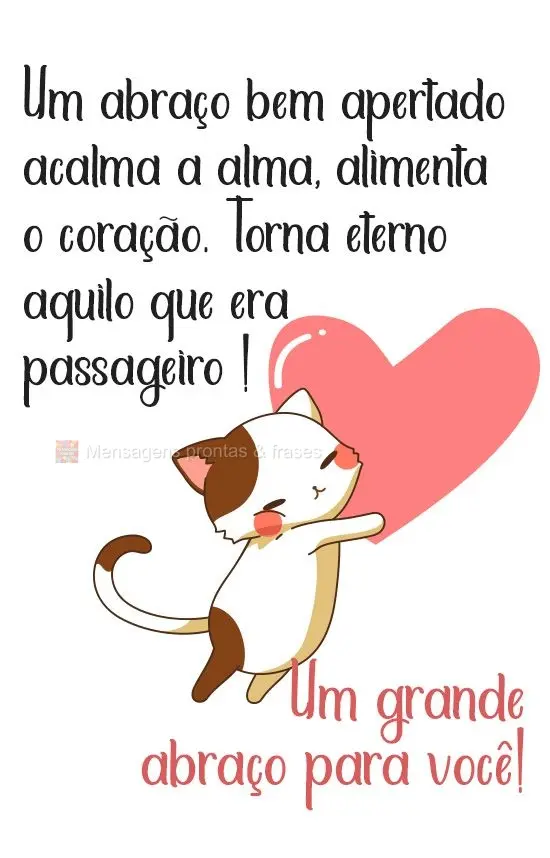 Um abraço bem apertado acalma a alma, alimenta o coração. Torna eterno aquilo que poderia ser passageiro! Um grande abraço para você!
