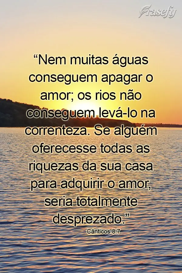 “Nem muitas águas conseguem apagar o amor; os rios não conseguem levá-lo na correnteza. Se alguém oferecesse todas as riquezas da sua casa para adq...