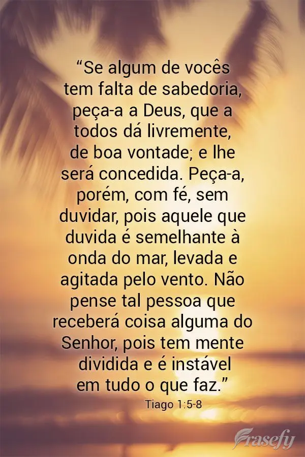 “Se algum de vocês tem falta de sabedoria, peça-a a Deus, que a todos dá livremente, de boa vontade; e lhe será concedida. Peça-a, porém, com fé...